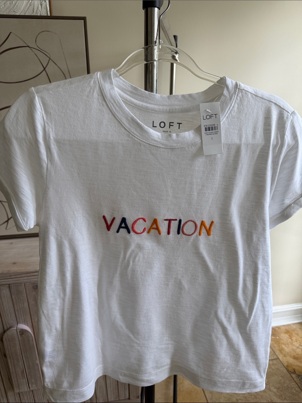 LOFT women’s White Tee with Multicolor 'VACATION' Embroidery